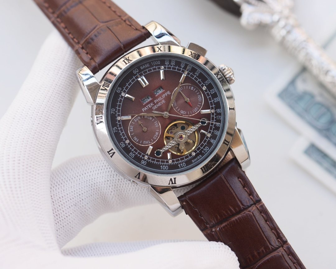 Patek Philippe Silver Brown Dial Strap Watch