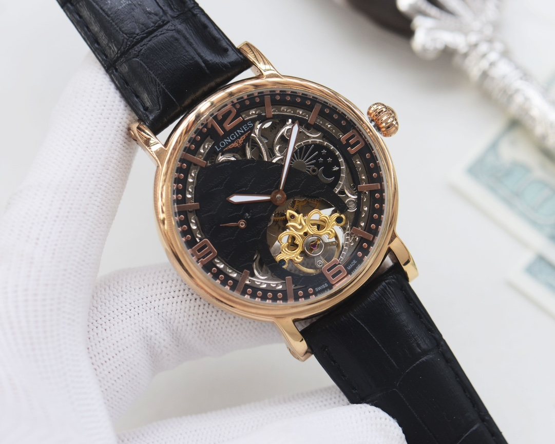 LONGINES Rose Gold Black Dial Strap Watch