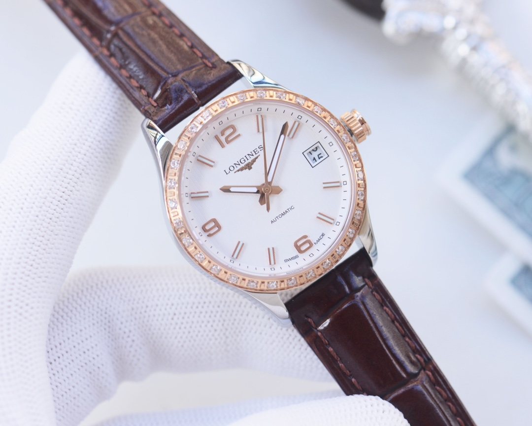 LONGINES Brown Rose Gold White Dial Leather Strap Watch