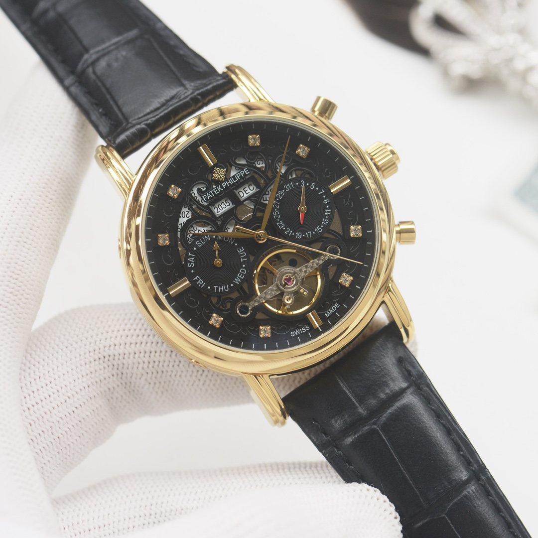 PATEK PHILIPPE Gold Black Dial Leather Strap Watch