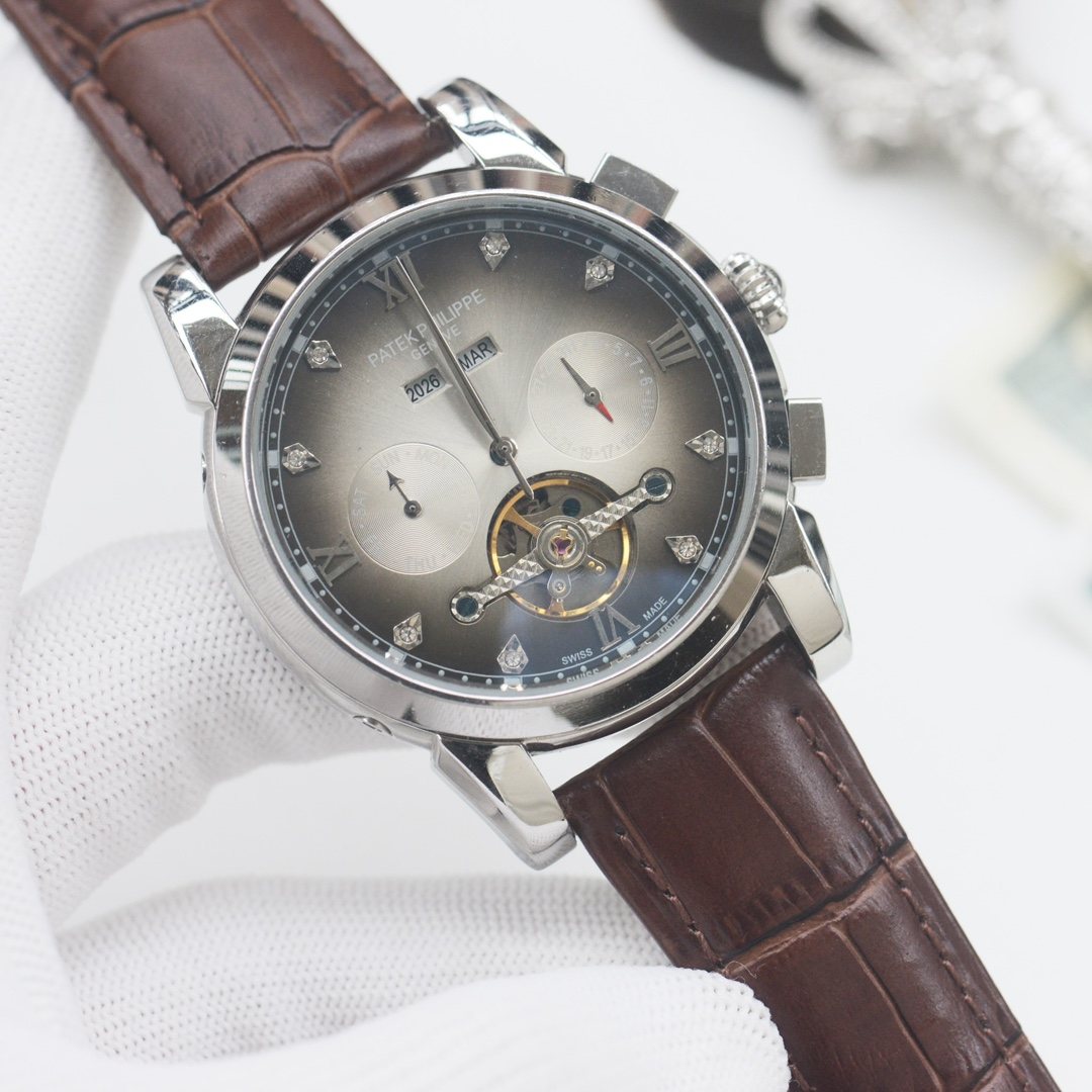 PATEK PHILIPPE Silver Brown Leather Strap Watch