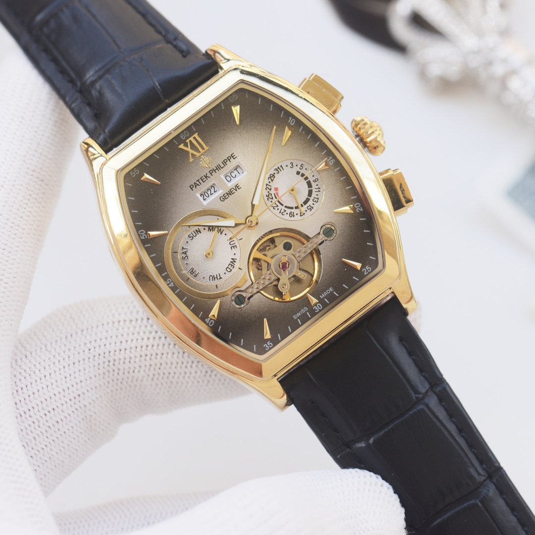 PATEK PHILIPPE Gold Black Leather Strap Watch
