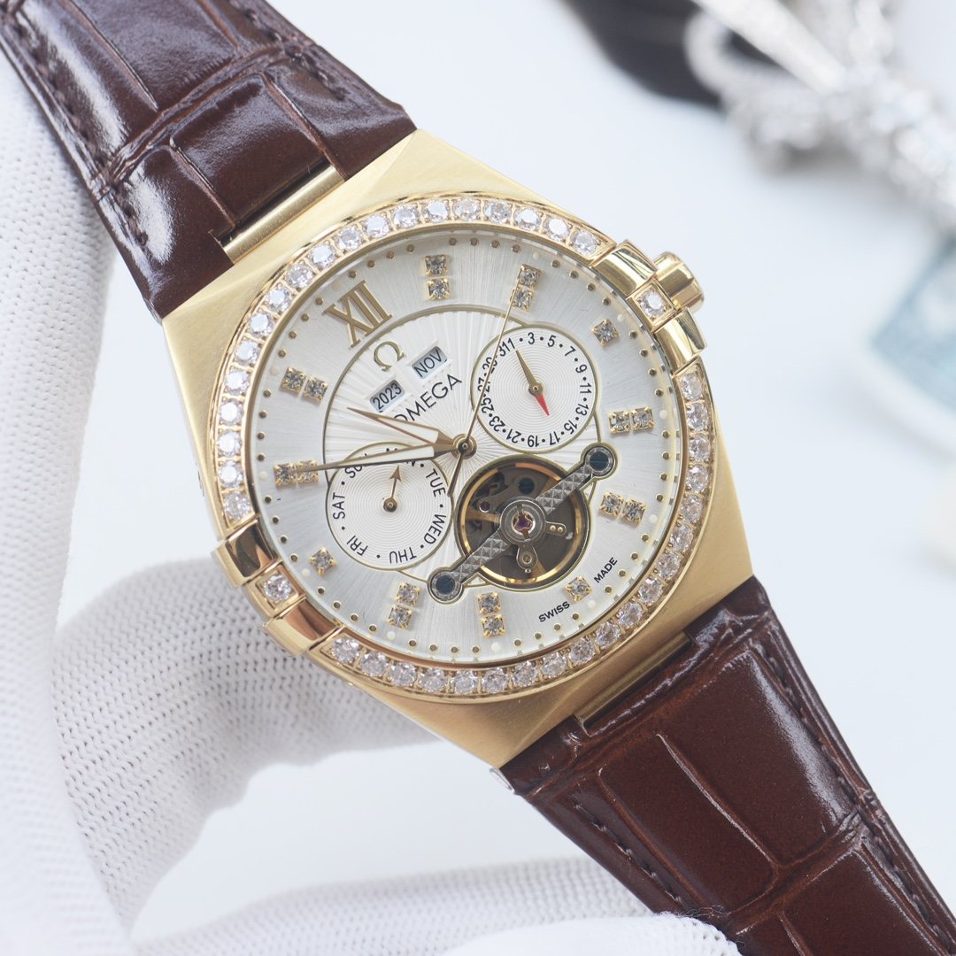 OMEGA Gold Brown Silver Dial Strap Watch