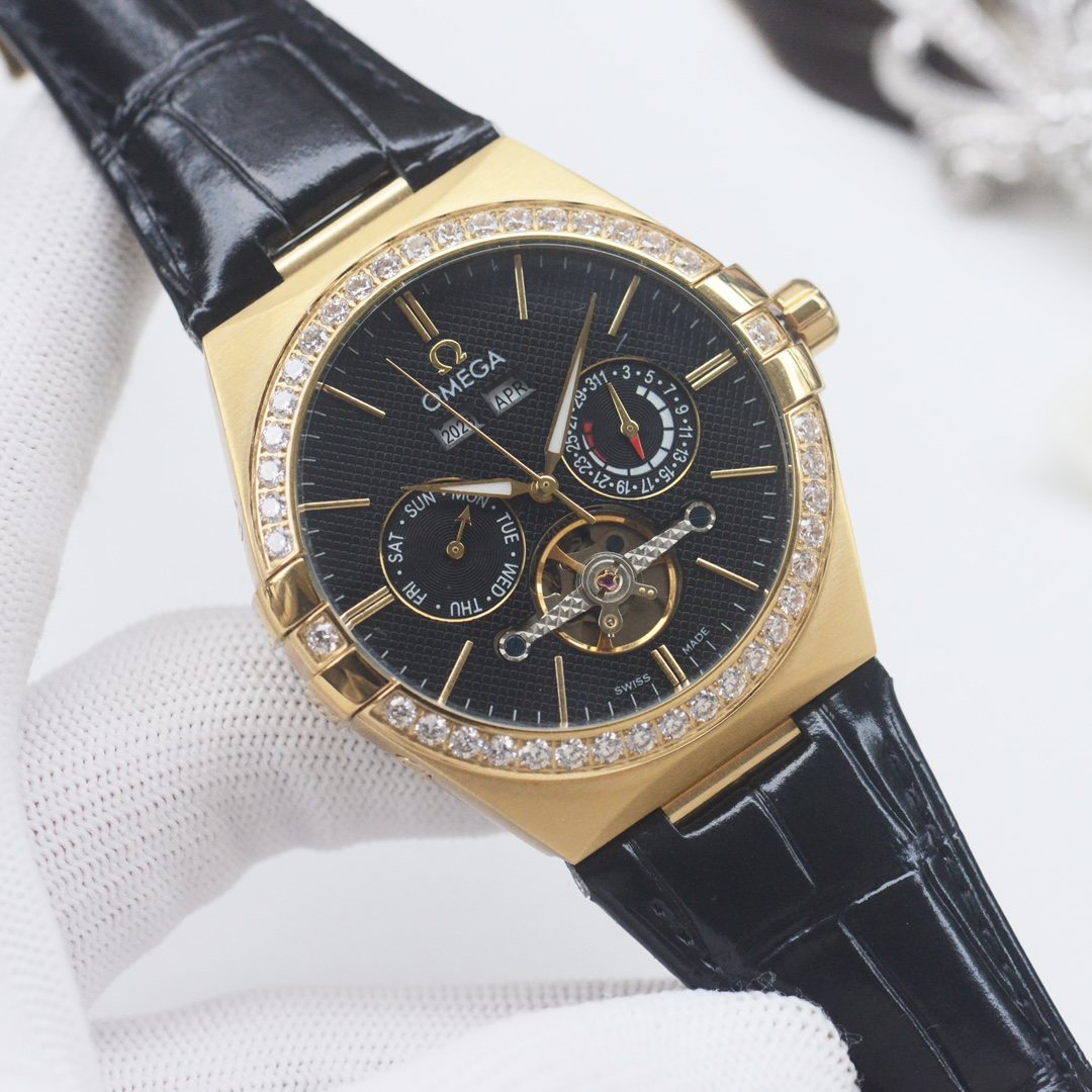 OMEGA Gold Black Dial Strap Watch