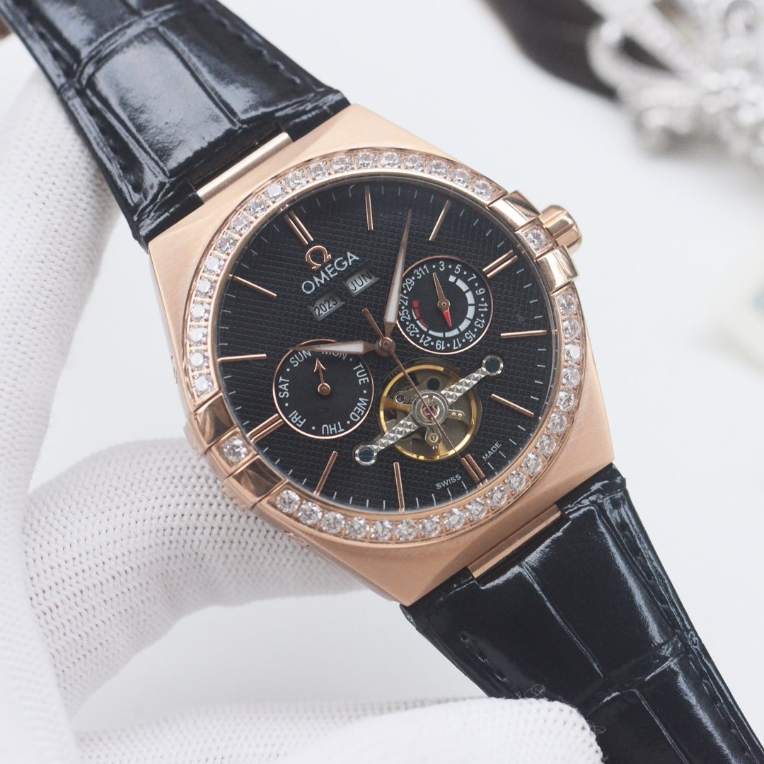 OMEGA Rose Gold Black Dial Strap Watch