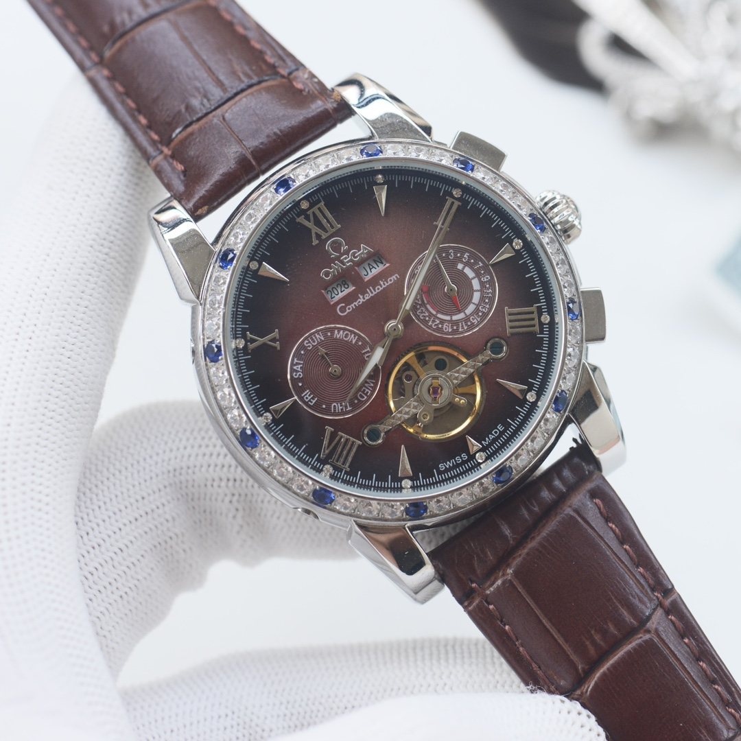 OMEGA Silver Brown Dial Strap Watch