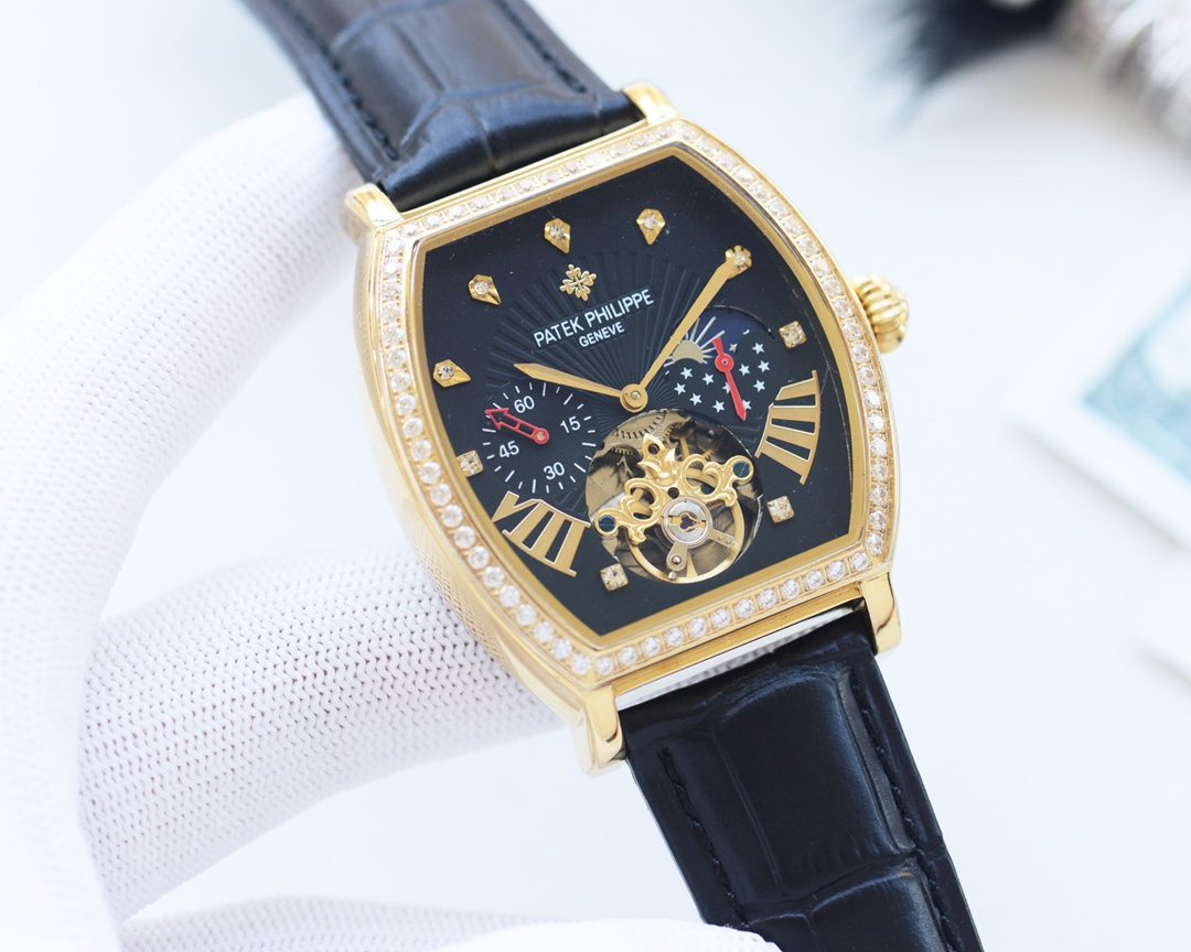 PATEK PHILIPPE Gold Black Dial Strap Watch