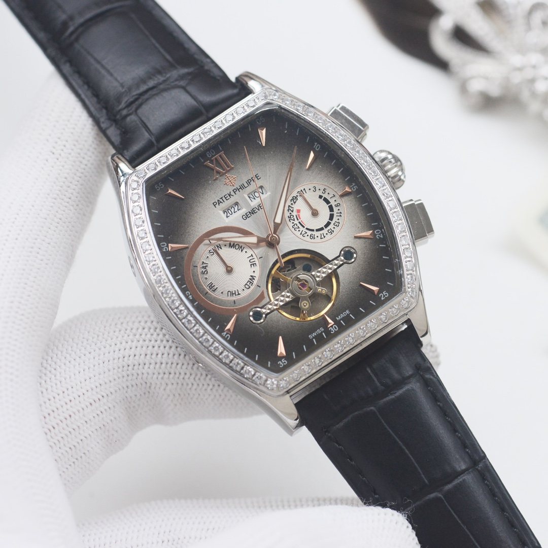 PATEK PHILIPPE Silver Black Leather Strap Watch