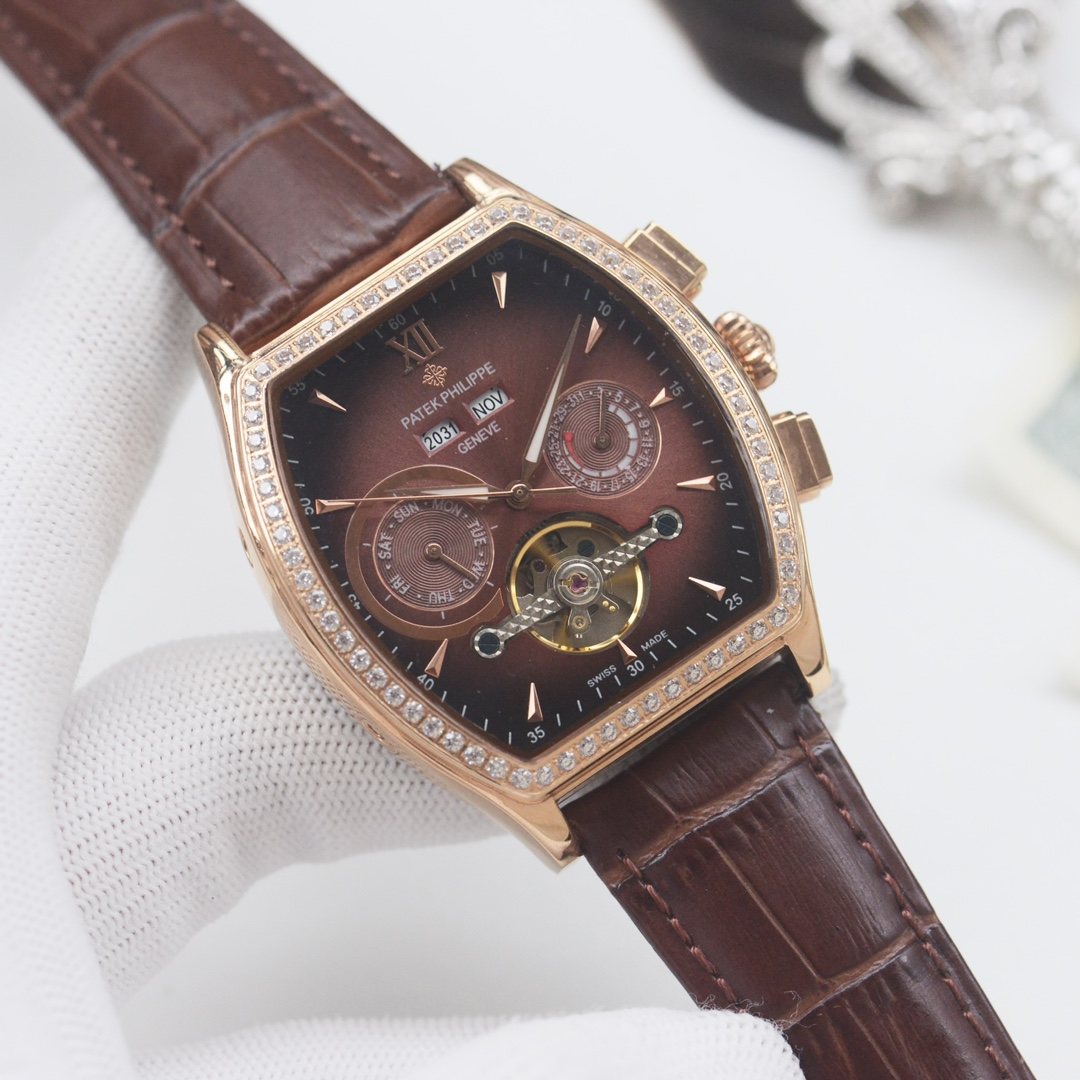 PATEK PHILIPPE Rose Gold Brown Leather Strap Watch