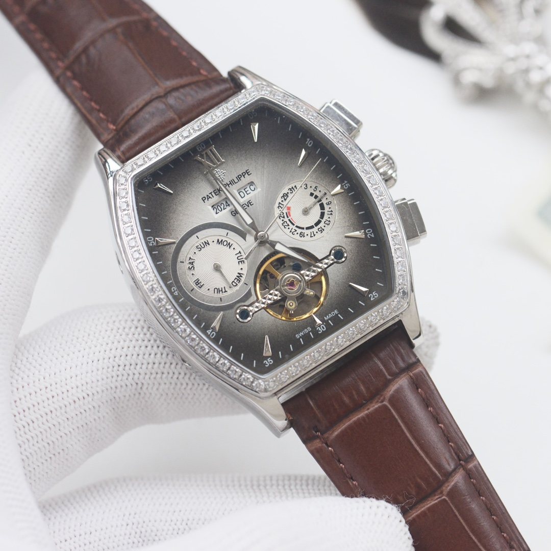 PATEK PHILIPPE Silver Brown Leather Strap Watch