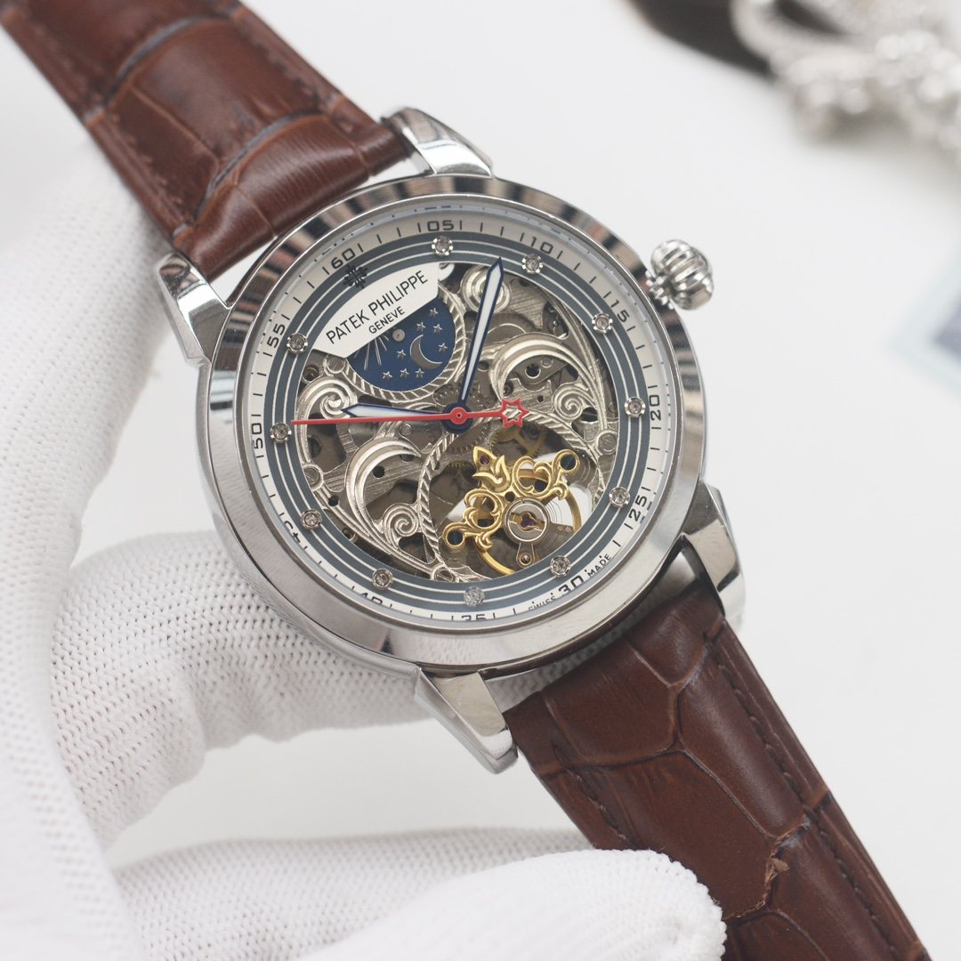 PATEK PHILIPPE Silver Brown Strap Watch