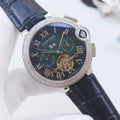 CARTIER Silver Black Green Dial Leather Strap Watch