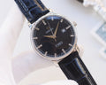 OMEGA Silver Black Dial Leather Strap Watch
