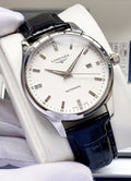 Silver Black White Dial Leather Strap Watch