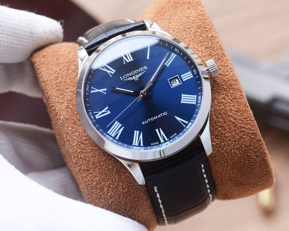 Silver Black Blue Dial Leather Strap Watch