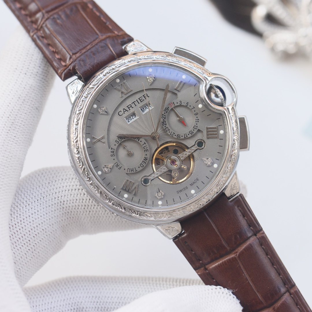 CARTIER Silver Brown Leather Strap Watch