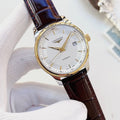 LONGINES Brown Silver White Dial Leather Strap Watch